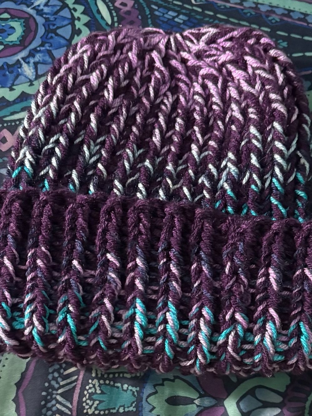 Chunky Marled Knit Beanie in Plum and Teal